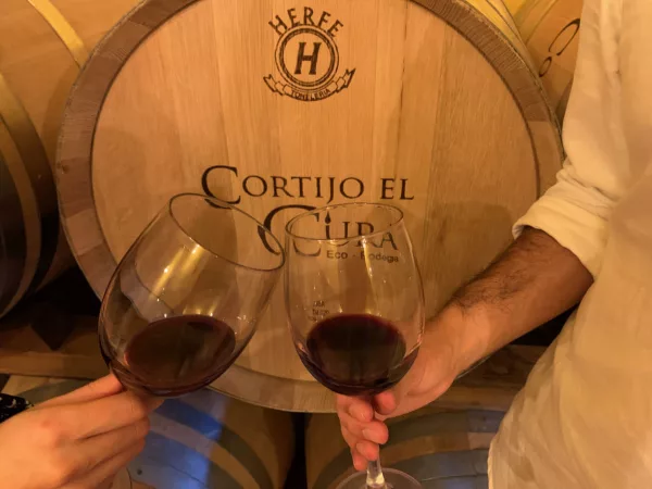 2 copas de vino tinto chocándose delante de una barrica de roble de Cortijo El Cura Eco-Bodega